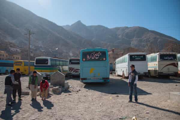 Buses to take Shia pilgrims to shrines in Iran. Many Hazara try to reach Europe to escape their persecution in Pakistan and Afghanistan.