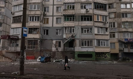 Damaged residential buildings in Kherson, where Murekezi was arrested a few months into the Russian occupation