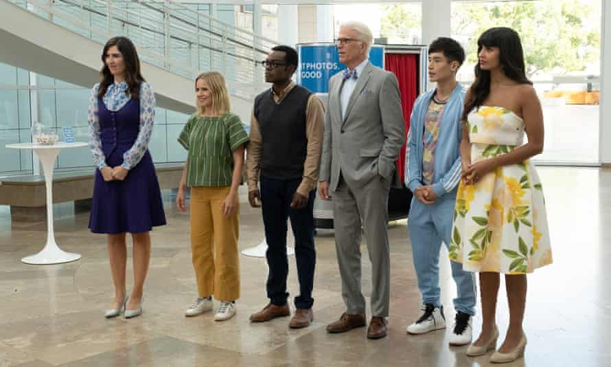 Quizzical … as Chidi, centre, in The Good Place.