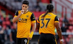 Sheffield United v Wolverhampton Wanderers, Premier League<br>14.09.20 Sheffield United v Wolverhampton Wanderers, Premier League. Picture By Tom Jenkins / NMC Pool Raul Jimenez of Wolverhampton Wanderers scores and celebrates 0-1