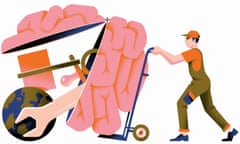 Illustration of tools in a brain, all being pushed along on wheels by a workman