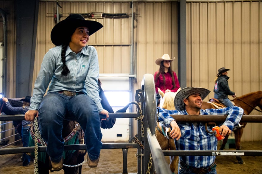 Simonson and her brother, Buckshot Simonson, wait for her run at the Copper Springs Ranch rodeo, just outside of Bozeman, Montana.