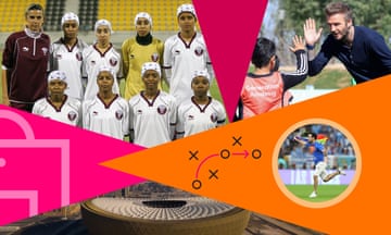 (Clockwise from left) The Qatar women’s football team; David Beckham at the opening of Generation Amazing Community Club in Lusail; a pitch invader at the World Cup; and the Lusail Stadium.