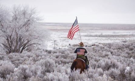 Duane Ehmer rides his horse Hellboy at the occupied Malheur National Wildlife Refuge in Burns, Oregon on 7 January 2016.