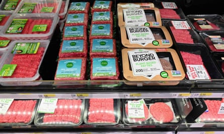 ‘Beyond Burger’ patties made from plant-based substitutes for meat products sit alongside packages of ground beef in New York City.
