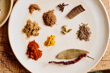 A plate featuring a selection of whole and ground spices.