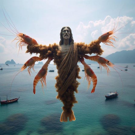 Image of floating Jesus Christ with prawns for limbs
