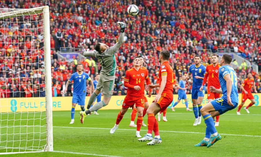 Wayne Hennessey makes one of several fine saves against Ukraine.