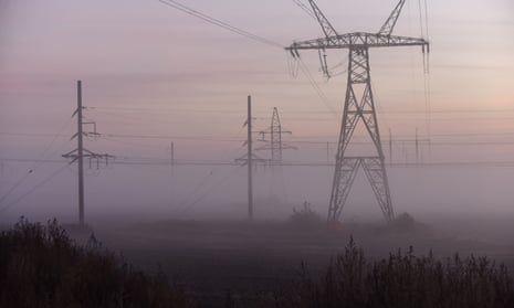 A power line in Kyiv region, Ukraine, 29 October 2022. Scheduled power cuts were introduced all over the country, including capital Kyiv, power operator Ukrenergo said, as Russians continue attacks on Ukrainian energy infrastructure.