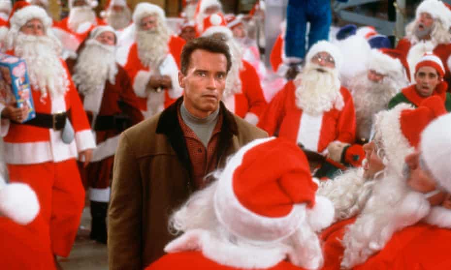 Arnold Schwarzenegger in Jingle All the Way. A scene from the film showing a Santa Claus wielding a candy-striped martial arts weapon was originally cut by the BBFC.