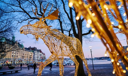 Illuminated reindeer decorations in Stockholm.