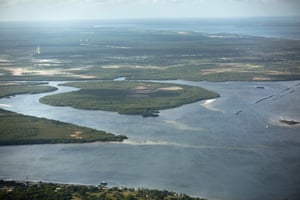 An aerial view of the strait between Lamu island and the mainland in eastern Kenya.
