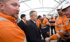 Bill Shorten election campaign in Melbourne<br>epa07507502 Australian Opposition Leader Bill Shorten (C) meets construction workers at a construction site for the West Gate Tunnel project in Melbourne, Australia, 15 April 2019. EPA/LUKAS COCH AUSTRALIA AND NEW ZEALAND OUT