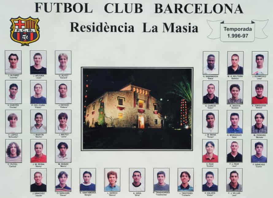 A picture collage hanging inside La Masia shows Barcelona youth players from the 1996-97 season.