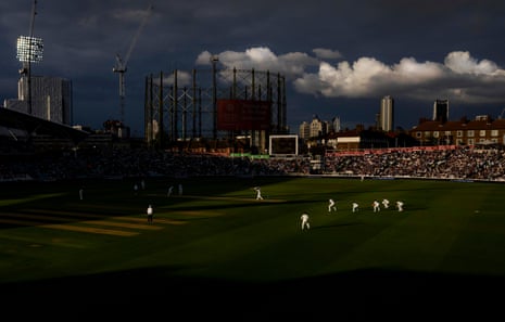England’s Stuart Broad bats late in the day under stormy skies during day three of the third Test against South Africa at the Kia Oval.
