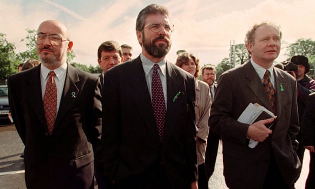 Gerry Adams and Sinn Fein negotiators arrive at Stormont for peace talks in 1997.