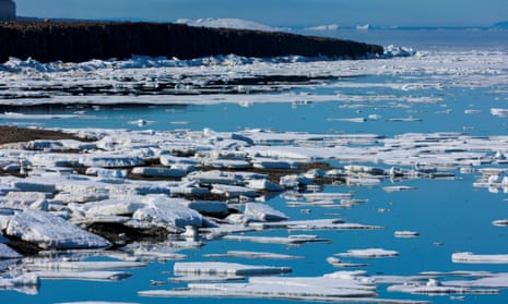 Icebergs float in Baffin Bay in the Arctic Ocean