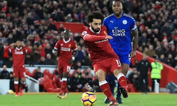 Mohamed Salah scores the first of his two goals against Leicester on Saturday