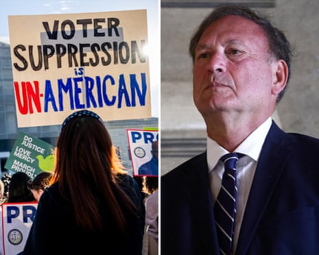 A composite image shows a person holding a sign that reads 'voter suppression is un-American' on the left and a man on the right.