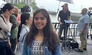 Xiye Bastida, waiting in lower Manhattan this afternoon for Greta Thunberg's yacht to arrive.Photo: Oliver Milman for the Guardian