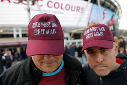 West Ham fans on the concourse outside the ground wearing hats they ordered themselves saying “Make West Ham great again”.