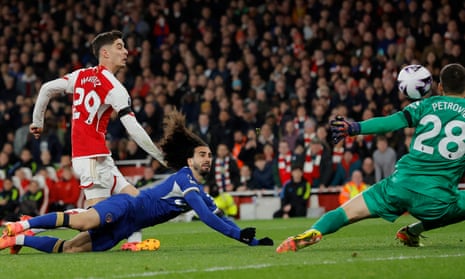 Kai Havertz scores Arsenal’s third goal in Chelsea’s dismal defeat