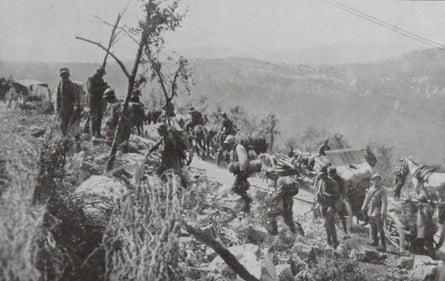 A column of Italian infantry traverse a mountain during one of the Battles of the Isonzo in 1917