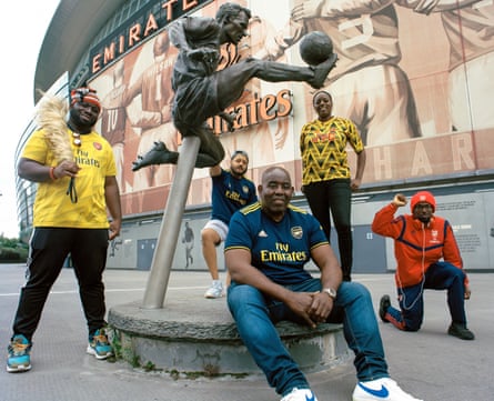Robbie Lyle (front centre) with other members of Arsenal’s Influencers at the Emirates Stadium (left to right Kelechi (Anyikude), Troopz (back), Robbie Lyle, Pippa (Monique), Ty )