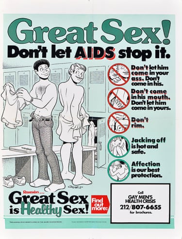 Cartoon about having safe sex during the Aids epidemic. it reads 'Great Sex! Son't let AIDS stop it.' at the top, offers advice for safe sex on a panel on the left side of the poster and text on the bottom right reads 'Great Sex in Healthy Sex!'