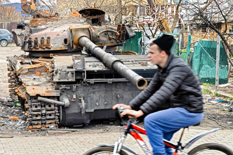 A Russian tank destroyed in Hostomel in March.