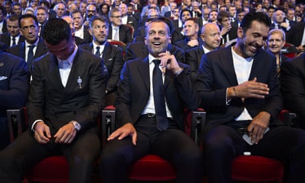 Cristiano Ronaldo, Uefa president Aleksander Ceferin and Gianluigi Buffon at the Champions League group stage draw in Monaco last month.