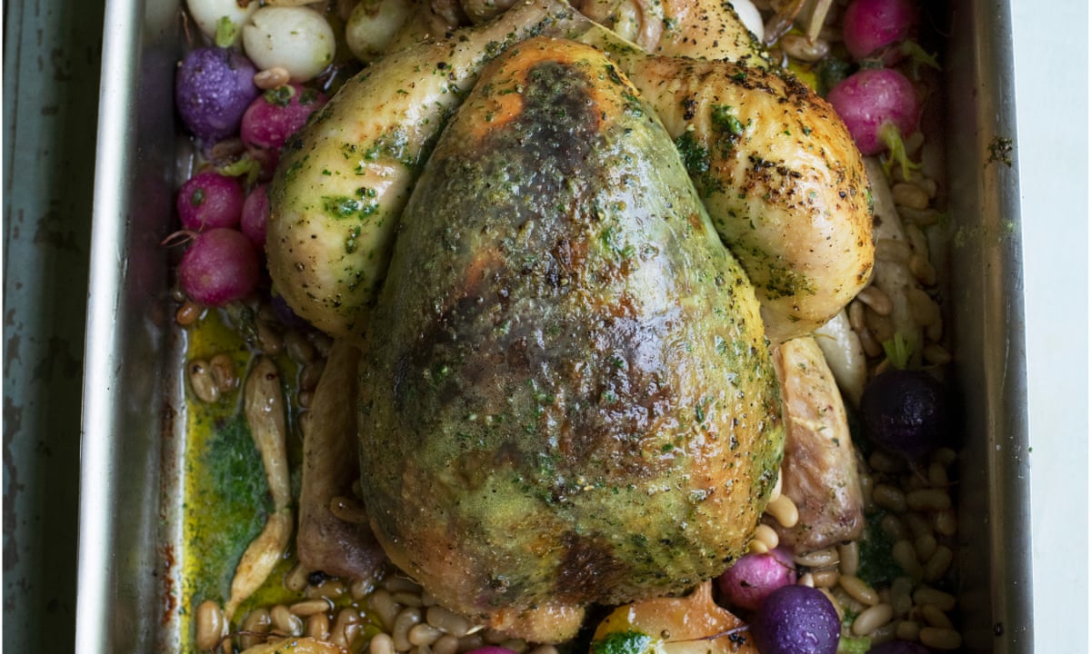 Nigel Slater's recipes for roast chicken with summer vegetables