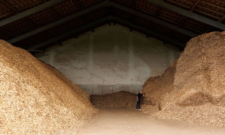 Wood store of the biomass power plant in Viehhausen, Germany.