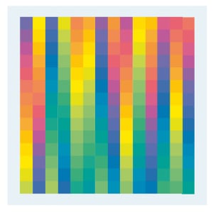 Karl Gerstner (Suiza,. B 1930), <em> policromada de colores puros </ em>, 1956-1958.  tinta de imprenta en los cubos de plexiglás, 1 1/4 x 1 1/4 pulg. (3 × 3 cm).  ea., fijado en un marco de metal cromado, 18 7/8 x 18 7/8 pulg. (48 x 48 cm) ea.  Cortesía del artista.