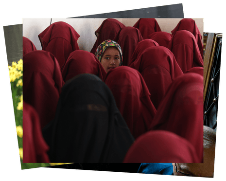 A fan of three images, in front a group of women in red veils, with on girl looking at the camera