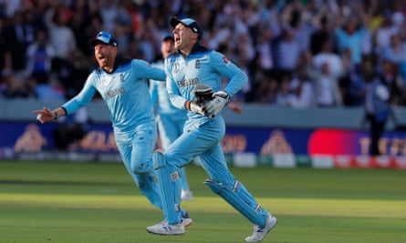 Jos Buttler wheels away in celebration after running out Martin Guptill in the deciding super over