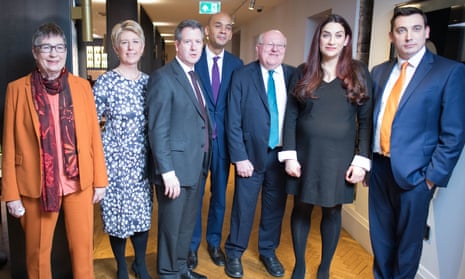Labour MPs (left to right) Ann Coffey, Angela Smith, Chris Leslie, Chuka Umunna, Mike Gapes, Luciana Berger and Gavin Shuker after they announced their resignations from Labour at County Hall in Westminster.