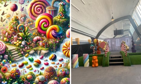 On the left, the marketing for the experience with brightly coloured giant mushrooms, huge candy canes and chocolate fountains. On the right, the actual experience in an industrial warehouse with fake grass, candy canes and giant sweets as props.