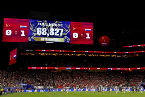 A general view as the screen shows an attendance of 68,827 during the FIFA World Cup 2026 Group D match between Türkiye and Paraguay at San Francisco Bay Area Stadium.