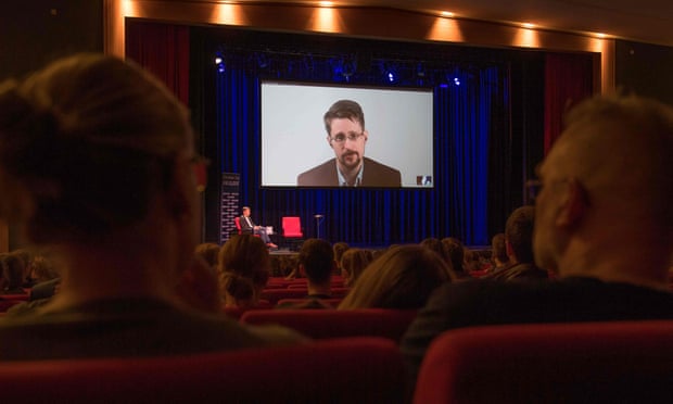 Snowden promotes his autobiography in Germany, via video link from Moscow.