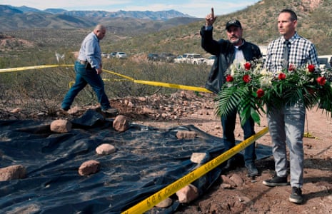 Adrian LeBarón, center, Julián LeBarón, left, and Bryan LeBarón, right, respectively father and cousins of Rhonita Miller – one of the nine Mormon killed in an ambush past November – at the site of the attack in Galeana, Chihuahua state, Mexico, on 12 January.