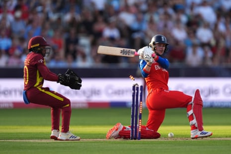 England's Freya Kemp is bowled by West Indies' Hayley Matthews.