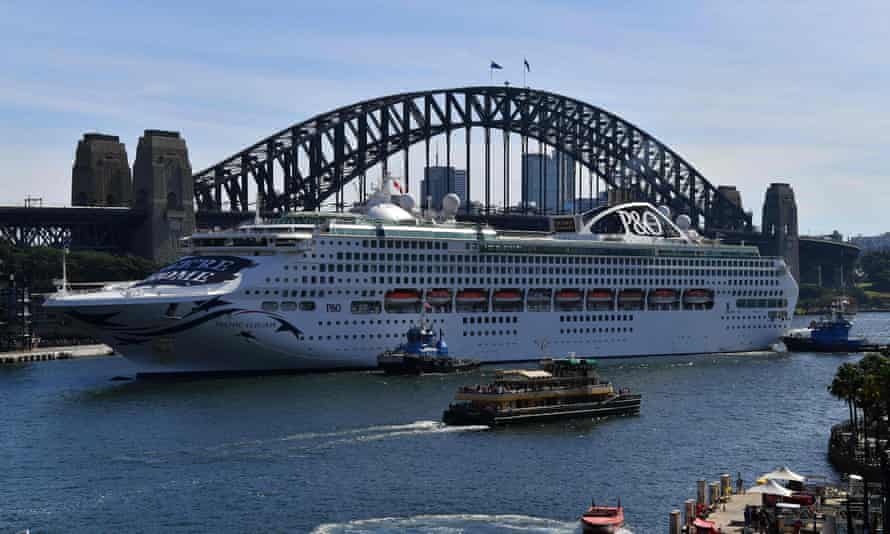 With the Harbor Bridge in the background, the Pacific Explorer makes its way to dock at the Overseas Passenger Terminal on Sydney Harbor
