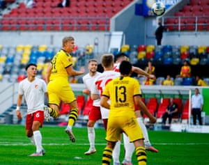 Dortmund’s Norwegian forward Erling Braut Haaland scores.