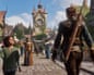 Fable game screenshot of a curly-haired child in a green tunic walking through a medieval village