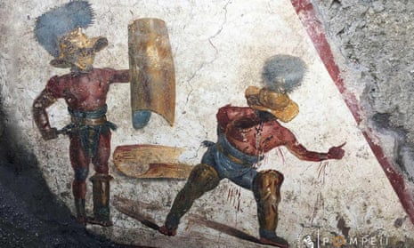 A detail from the fresco of two gladiators fighting that was found at a site north of Pompeii’s archaeological park. 