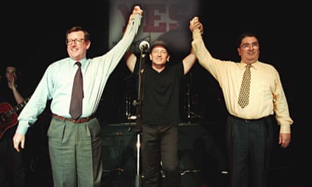 Trimble, Bono and Hume on the stage at Belfast’s Waterfront.