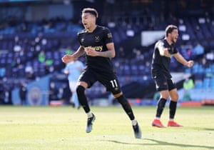 West Ham United’s Jesse Lingard celebrates Michail Antonio scoring their first goal.