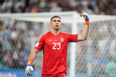 World Cup 2022: news and buildup to Argentina v Croatia semi-final – live | World Cup 2022 4 Emiliano Martínez celebrates after a penalty save against the Netherlands.
