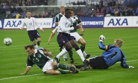Heskey causes panic in the Germany defence during England’s famous 5-1 win.